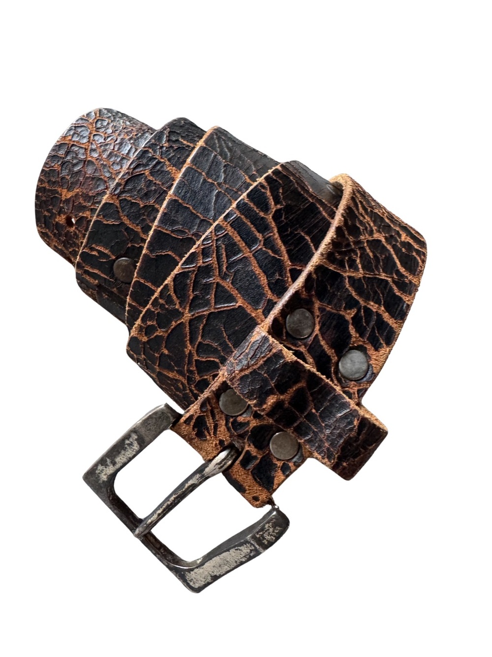 Brave Leather Distressed Crackle Leather Belt Brown Black Rustic Silver Buckle